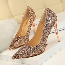 Women Pumps Shoes Sequined Cloth Pointed Toe Slip-On 9.5cm Carved Metal Thin High Heel Sexy Wedding Lady Club Party Female Shoes 2024 - buy cheap