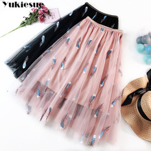 Женская фатиновая юбка с принтом листьев, плиссированная юбка средней длины с эластичной высокой талией, новинка 2019 2024 - купить недорого