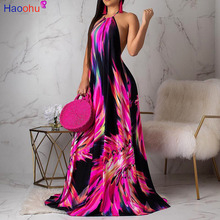 Colorful Printed Summer Bohemian Dress Women Off The Shoulder Backless Floor-Length Dress Vintage Halter Loose Party Beach Dress 2024 - buy cheap