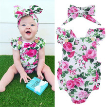 0-24 M Bonito Macacão de Bebê Meninas Sem Mangas Projeto Botão de Rosa Floral Impressão Romper Do Bebê Crianças Macacões de Bebê Headband do conjunto Terno B4 2024 - compre barato