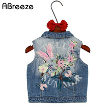 Size 120 Kids Outerwear Spring Autumn Kids Denim Clothes Girl Children Floral Butterfly Embroidered Coat Cowboy Waistcoats Vest 2024 - buy cheap