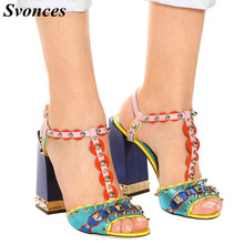Svonces-Sandalias de tacón alto con tachuelas para mujer, zapatos de fiesta, calzado de verano, Multicolor, con correa en T 2024 - compra barato