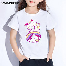 Детская футболка с мультяшным единорогом для девочек, детская футболка с принтом номера 1-9 на день рождения, детский подарок на день рождения, забавная одежда, HKP5238 2024 - купить недорого