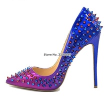 ALMUDENA Women Sexy Blue/Purple Gradient Color Rivets Pumps Patent Leather Sky High Heels Spike Dress Shoes Nightclub Stud Shoes 2024 - buy cheap