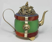 Decoration crafts art Rare Asian RARE green Tibet silver red jade teapot Tibet Miao Antique Old Silver 2024 - buy cheap