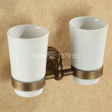 Soporte de vaso de baño de latón Vintage, bronce antiguo, con doble Taza de cerámica, montaje en pared, aba088 2024 - compra barato