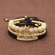 3pcs/Set Hip Hop Gold Crown Bracelets 8MM Cubic Micro Pave CZ Ball Charm Braided Braiding Man Luxury Jewelry Pulseira Bileklik 2024 - buy cheap