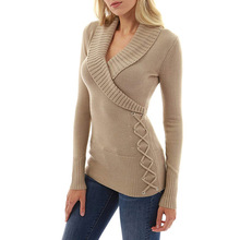 Suéter feminino com gola v, pulôver de malha para outono e inverno 2024 - compre barato