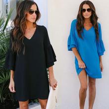 Women Dress 2018 New Women's Casual Half  Sleeve V Neck  Solid Loose  Dress 2024 - buy cheap