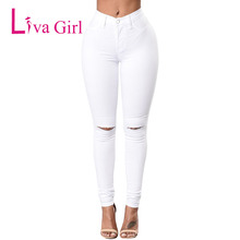 LIVA GIRL Women Sexy Black Stretch Slit Knee Denim Pants 2019 High Waist Ripped Hole Fitness Pencil Jeans Long Trousers Leggings 2024 - buy cheap