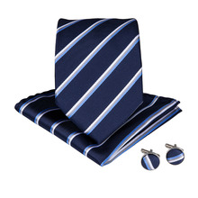 DiBanGu Blue White Striped Men's Big Size Ties With Hanky Cufflinks 160CM Length Silk Neck Ties Set For Men's Wedding MJ-7526 2024 - buy cheap