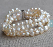 Wholesale Pearl Jewelry, Wedding Bridesmaids Gift Bracelet, White 8Inches 4Rows 6-7mm Genuine Freshwater Pearl Bracelet. 2024 - buy cheap