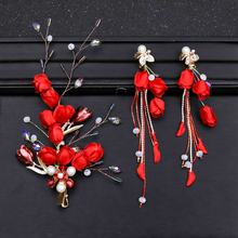 Vintage Red Jewelry Pearl Crystal Hair Pins And Tassel Clip Earrings Sets Women Rose Flower Bridal Wedding Hair Accessories 2024 - buy cheap