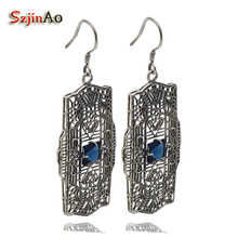 Szjinao Retro fashion hanging earrings vintage style hollow out 925 sterling silver with sapphire earrings Women jewelry 2024 - buy cheap