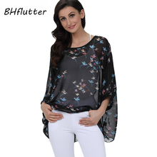 BHflutter Plus Size 2018 Women Blouse Shirt Batwing Sleeve Casual Summer Blouses Female Black Vintage Chiffon Tops Shirts Blusas 2024 - buy cheap