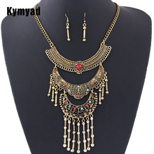 Kymyad Vintage Jewelry Sets Crystal Tassel Chains Jewelry Sets For Women Bijoux Red Resin Stone Necklace Indian Turkish jewelry 2024 - buy cheap