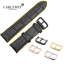 CARLYWET-Correa de cuero auténtico para reloj, correa de cuero negro con puntadas amarillas hechas a mano, de reemplazo, con hebilla pulida de Color plateado, 18, 20 y 22mm 2024 - compra barato