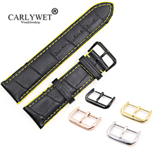 CARLYWET 18 20 22mm Black Real Leather Handmade Yellow Stitches Replacemet Watch Band Strap With Silver Color Polished Buckle 2024 - buy cheap