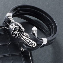 Punk Men Jewelry Black Leather Rope Bracelet Stainless Steel Anchor Skull Bracelets Bangles Vintage Male Leather Wristband PW782 2024 - buy cheap