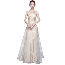 Golden Evening Dress Long-style Spring Sequins 2019 Elegant Celebrities Dresses Shinning Sequins Sleeveless Illusion O-neck 2024 - buy cheap