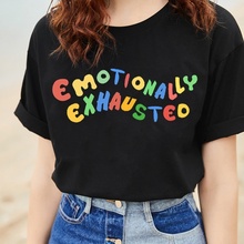 Camiseta feminina estampada emocionalmente exausta, camiseta de algodão macio com letras coloridas, roupa de rua harajuku de verão 2024 - compre barato