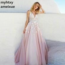 Cheap Pink Wedding Dress 2020 Sodigne Lace Appliques Romantic Beach Bridal Gown V-neck Vestidos De Novia Abiti Da Sposa 2024 - buy cheap