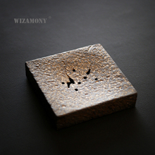WIZAMONY Handmade Crude Pottery Black Golden Glaze Tea Tray Tea Trivets Square Water Holder Japanese Style Dry Brew tea Table 2024 - buy cheap