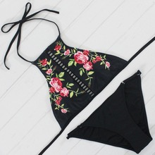 2017 New High Neck Bikini Women Swimsuit Swimwear Bandage Cut Out Brazilian Bikini Set Print Summer Beach Floral Bathing Suit 2024 - buy cheap