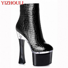 Fashion women's 17-18 cm thick soles, spring and autumn high heels 7-8 inches serpentine upper, square ankle boots 2024 - buy cheap