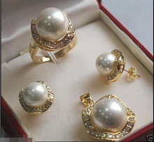 FREE shipping>>>>>>Elegant 10mm &14mm White South Sea Shell Pearl 18KGP Earrings Pendant Ring Set 2024 - buy cheap