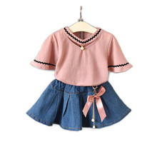 New 2019 Baby Girl Clothing Set Short Sleeve V-neck T-shirt+Jeans Skirt 2pcs Korean Princess Party Suits Girls Clothes For 2-7T 2024 - buy cheap