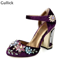 Elegant Women Suede Crystal Shoe Round Toe High Heel Pumps Hollow Heel Belt Red Purple Black Pumps Hot Selling Woman Party Shoe 2024 - buy cheap