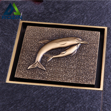 Antique Brass Decorative Drain Covers Shower Floor Drain 100mm*100mm Dolphin Shape 4" Shower Drain 2024 - buy cheap