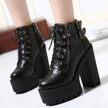 Hot Sale Russian Shoes Black Platform Boots Women Zipper Spring High Heels Shoes Lace Up Ankle Boots Leather Size 35-40 2024 - buy cheap