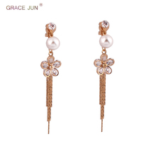 GRACE JUN-pendientes de perlas de diamantes de imitación para mujer, aretes largos perforados sin perforaciones, con borlas 2024 - compra barato
