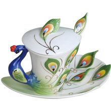 Newest 3D Bone China Peacock Coffee Mug with Saucer Tea cup ceramic cup with Spoon Lid water bottles Breakfast Milk cups Gift 2024 - buy cheap