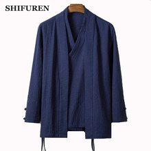 SHIFUREN, Ретро китайские традиционные мужские хлопковые льняные рубашки, свободные мужские рубашки, мягкая дышащая блузка, одежда с воротником-стойкой 2024 - купить недорого