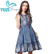 Summer Dress 2019 Yuzi.may Boho New Denim Women Dresses O-Neck Vintage Flower Embroidery Sundress A82158 Vestidos Female 2024 - buy cheap