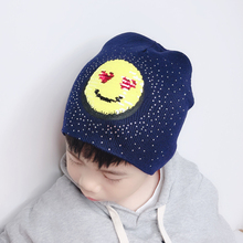 Gorro de lana de invierno para niños y niñas, gorro divertido de dibujos animados con lentejuelas y caras sonrientes con diamantes de imitación 2024 - compra barato