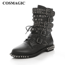 COSMAGIC 2021 New Winter Women Leather Rivet Buckle Motorcycle Boots Lace Up Gothic Punk Round Toe Platform Shoes 2024 - buy cheap