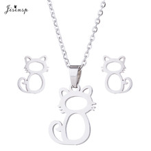 Jisensp-Conjunto de joyería de acero inoxidable con diseño de gato hueco, collar con colgante de gatito lindo, pendientes para mujeres y niñas, regalo de cumpleaños 2024 - compra barato