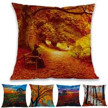 Oil Painting Style Autumn Scenery Golden Maple Leaves Sunset Red Flowers Throw Pillow Case Home Sofa Decoration Cushion Cover 2024 - buy cheap