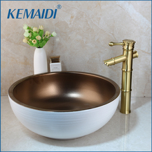 KEMAIDI Round White Ceramic Washbasin Bathroom Brushed Gold Faucet Mixer Lavatory Wash Basin Set Bath Combine Tap Sets 2024 - buy cheap
