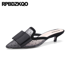 Mesh Size 4 34 Medium Sexy Shoes Black Ladies High Heels Slipper Unique Mules Pointed Toe Bow Sandals Pumps Kitten Chinese 2024 - buy cheap