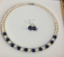 Charming!White Akoya Cultured Pearl/Lapis Lazuli necklace earrings set 2024 - buy cheap