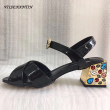 VIISENANTIN Black Patent Leather Lady Summer Sandal Shoe Cross-strap Peep Toe Sapatos Colorful Rhinestone Decor Square Heel Shoe 2024 - buy cheap