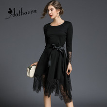 Autumn Black Lace Patchwork Asymmetrical Dresses O Neck Long Sleeve Dress Women Office Bodycon Sexy Party Dress Ladies Vestidos 2024 - buy cheap