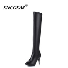 Kncour botas femininas de salto alto, botas novas de inverno estilo europeu e americano de cor sólida com ponta redonda e cano alto elástico 2024 - compre barato