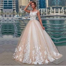Vintage Ball Gown Wedding Dress Bride Scoop Neckline Lace Appliques Back Button Light Champagne Vestido De Noiva Bridal Gowns 2024 - buy cheap