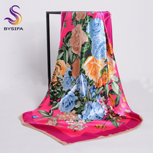 [BYSIFA] Spring Dark Pink Chinese Rose Silk Scarf Shawl New Accessories China Style Flowers Big Square Scarves Head Scarf Sjaals 2024 - buy cheap